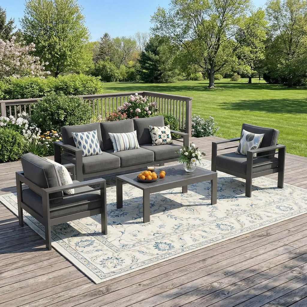 Aluminum Outdoor Patio Furniture Set, 5 Seats Patio Sectional Sofa with 5" Thick Cushion, Outdoor Patio Set with Coffee, Custom