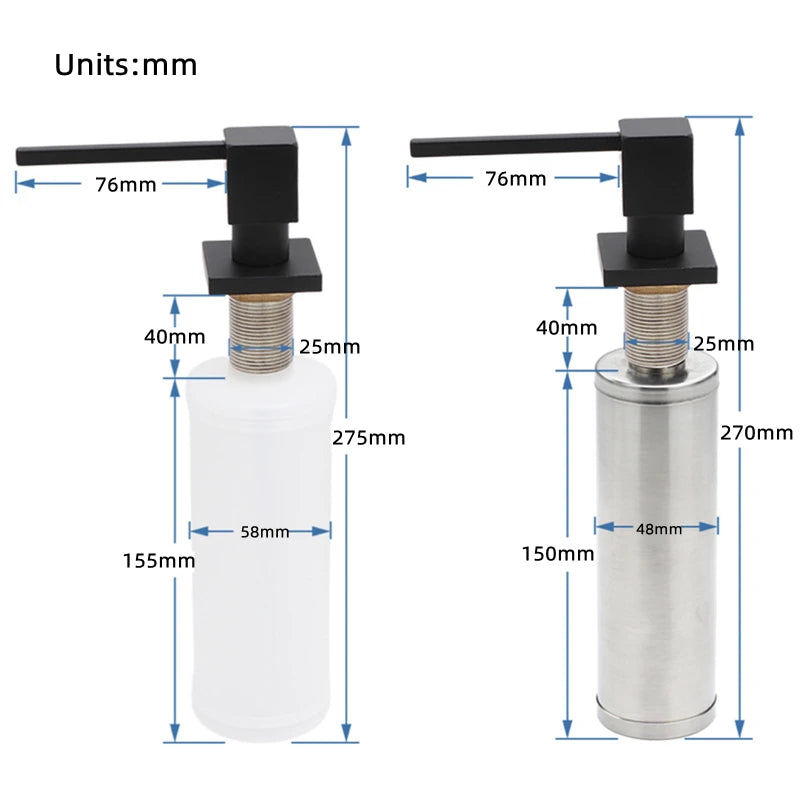 Black/Chrome Square Head Large Capacity Brass Soap Dispenser Kitchen Sink Dishwashing Detergent Hand Press Liquid Soap Dispenser