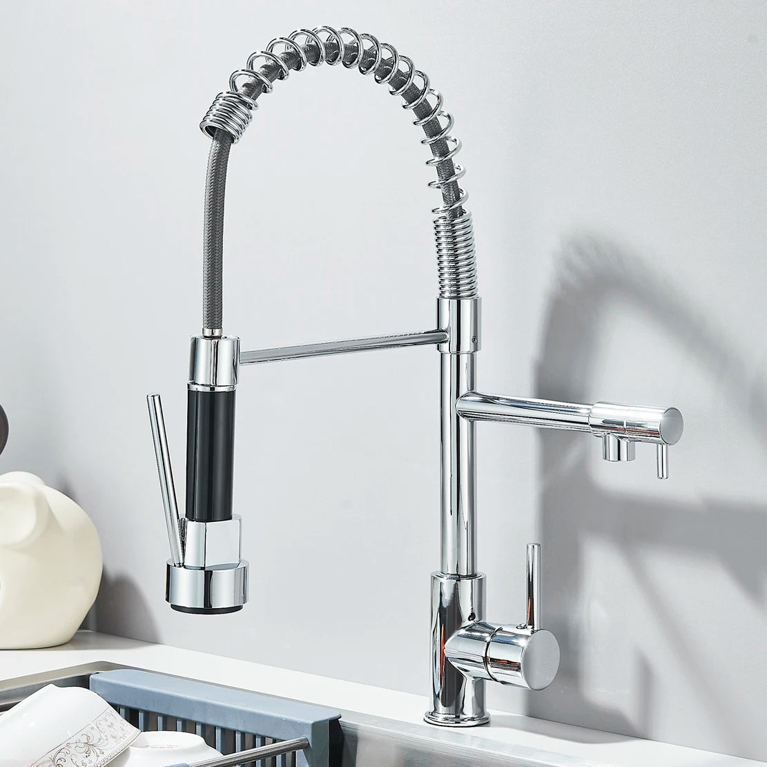 Kitchen Sink Faucet Pull Down Swivel Daul Spout Faucet Brass Deck Mounted Spring Single Handle Cold Hot Water Mixer Tap