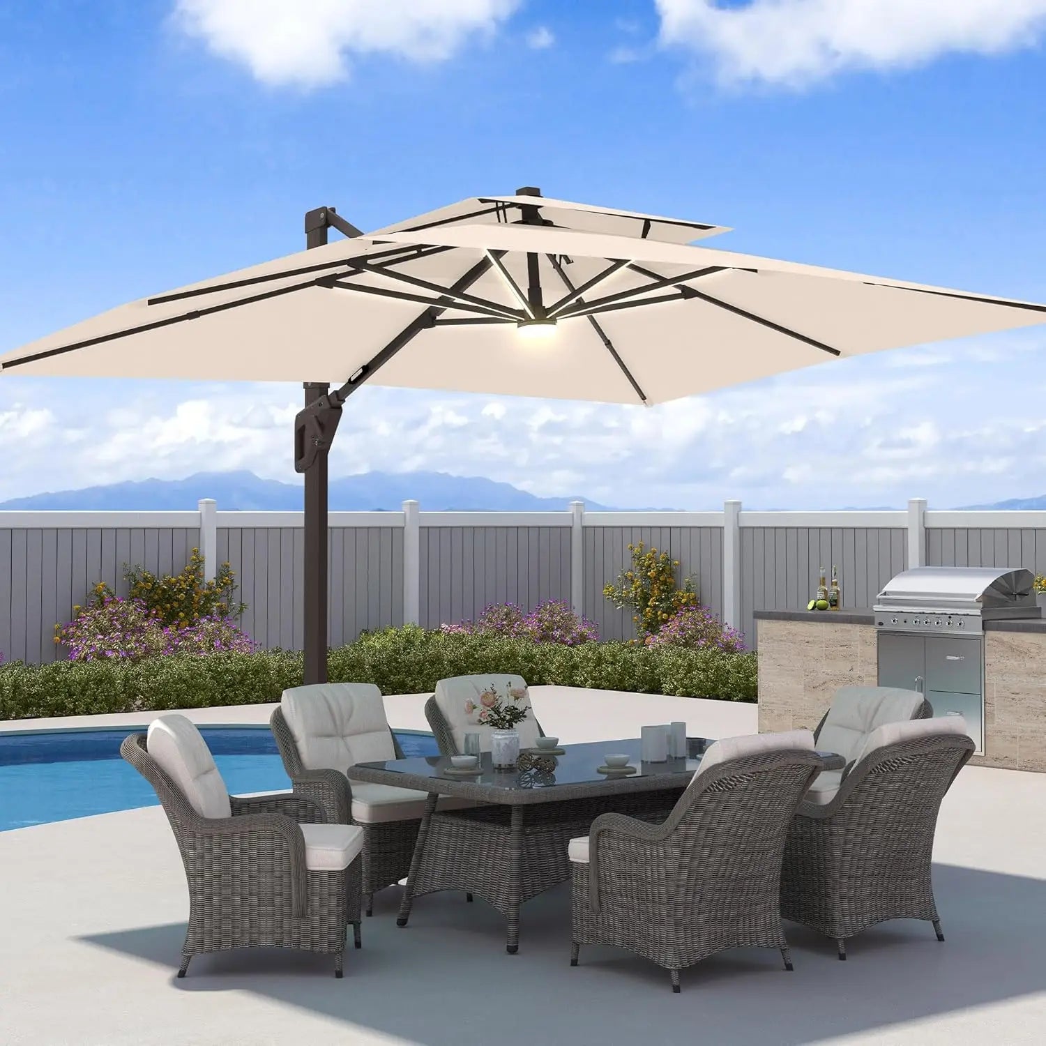 9x12 FT Patio Umbrella with LED Lights Cantilever Outdoor Large Heavy Duty Rectangle Aluminum Offset Umbrellas, Customized