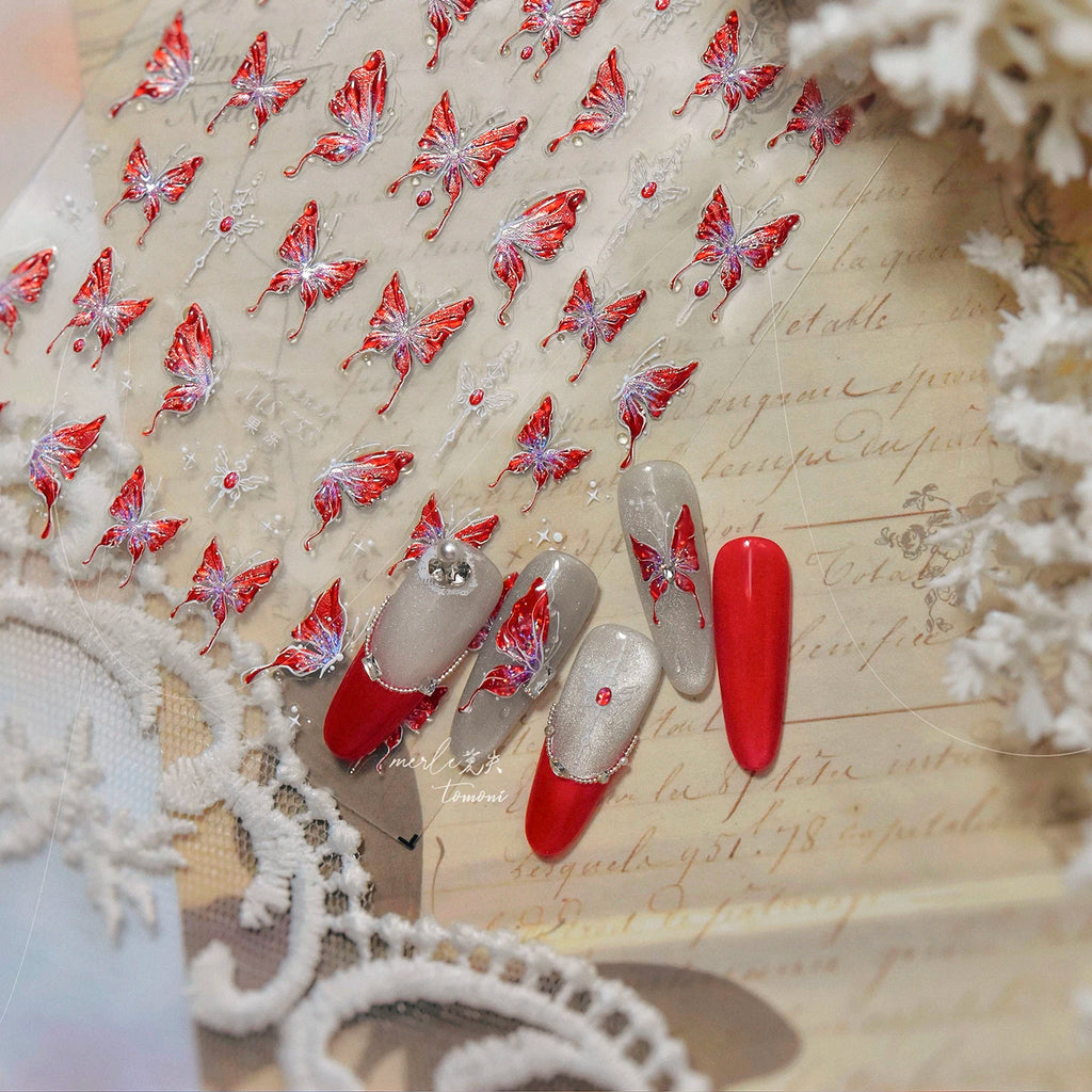 Red Butterfly 5D Nail Sticker Nail Art Decoration Spring Flowers Nail Art Decal Relief Sticker Press on Nails