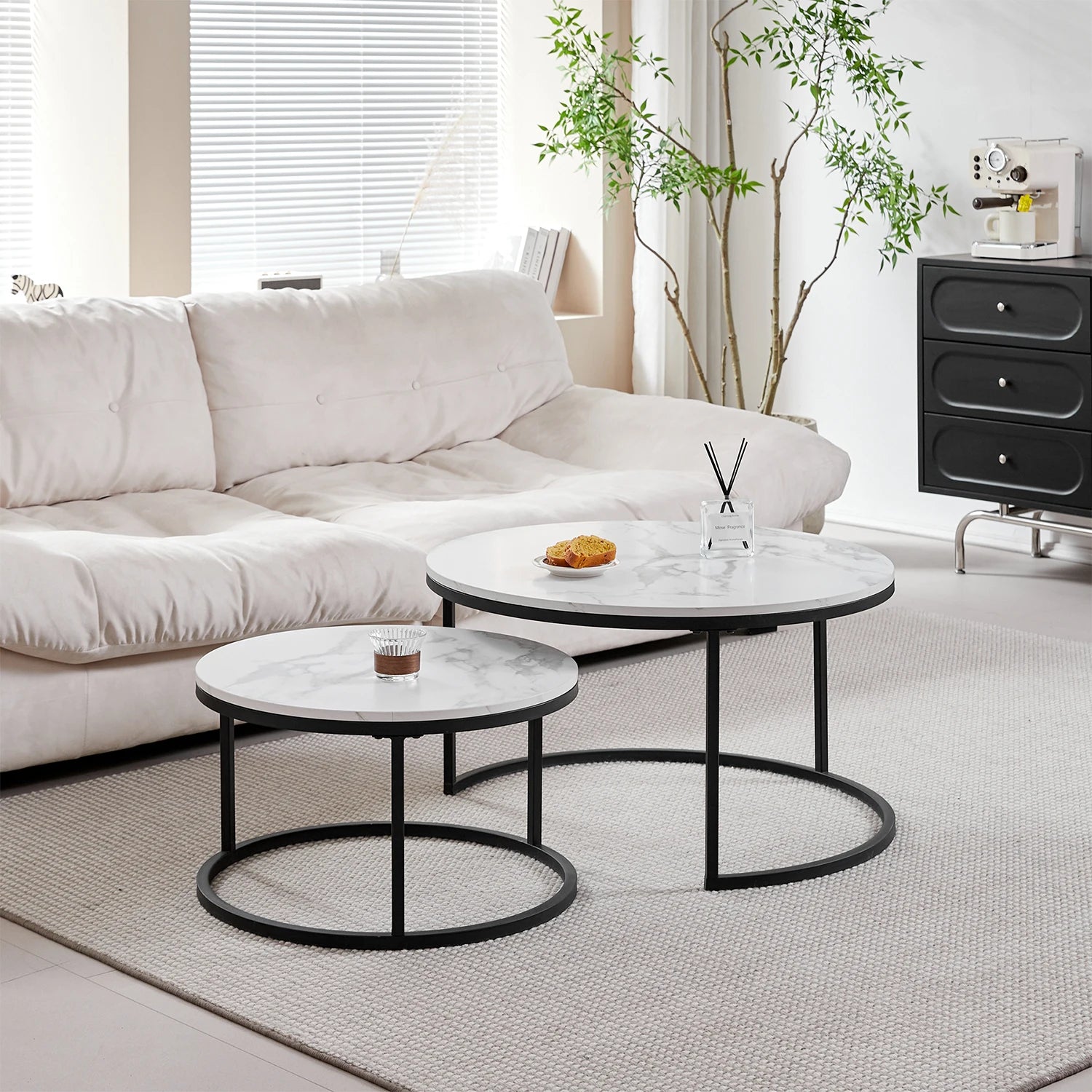 2 in 1 Marble Texture Coffee Table For Living Room Sofa Side Round Tea Desk Wooden Combination Furniture Metal Bracket Black