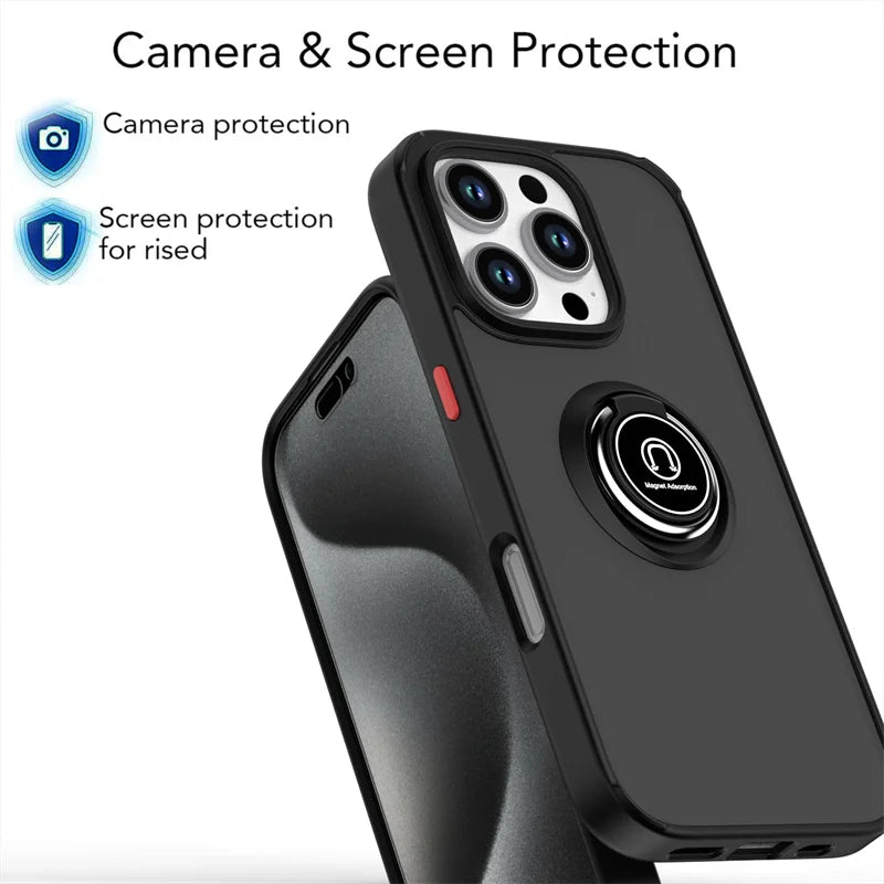 Shockproof Matte Hard PC Armor Case For iPhone 16 15 14 13 12 11 Pro Max Mini XS XR X 16e Car Magnetic Holder Ring Stand Cover