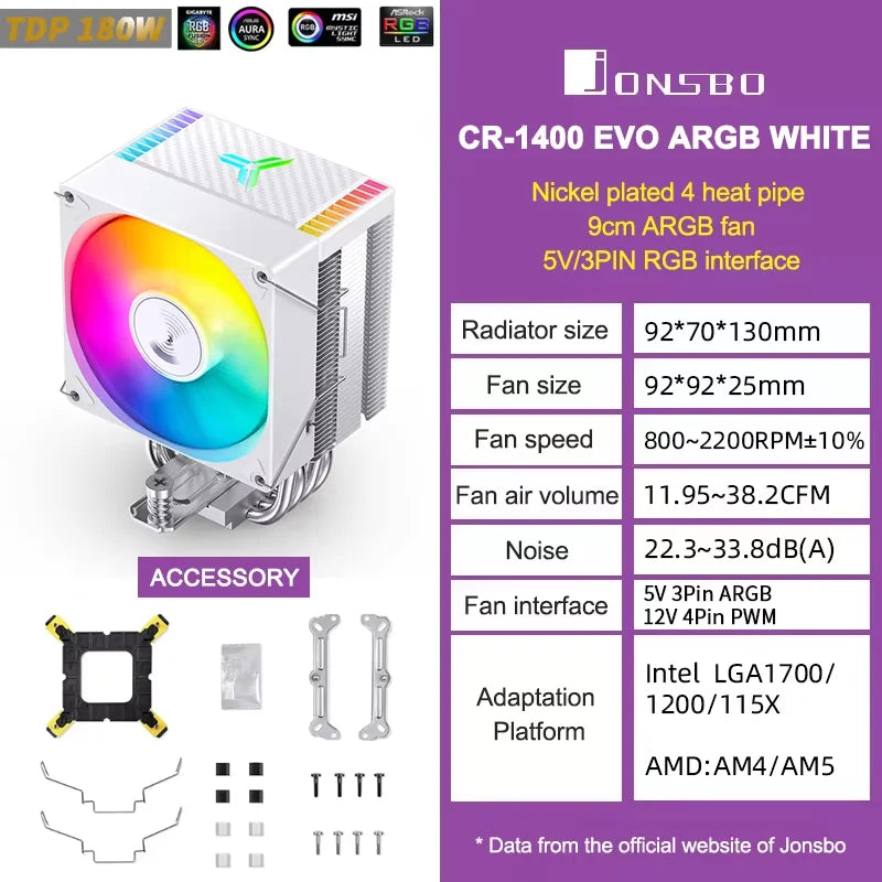 JONSBO CR1400 COLOR CPU Cooler, 92mm PWM Fan CPU Cooler, 4 Heat Pipe High 126mm  Air Cooler Tower Radiator for Intel LGA1700 AM5