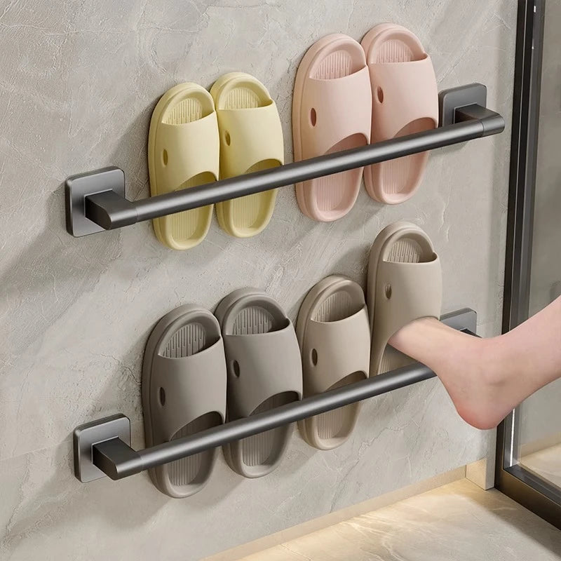 Without Drilling Bathroom Towel Holder Slipper Rack Holder Wall Mounted Towel Shelf Towel Bar Kitchen Bathroom Accessories
