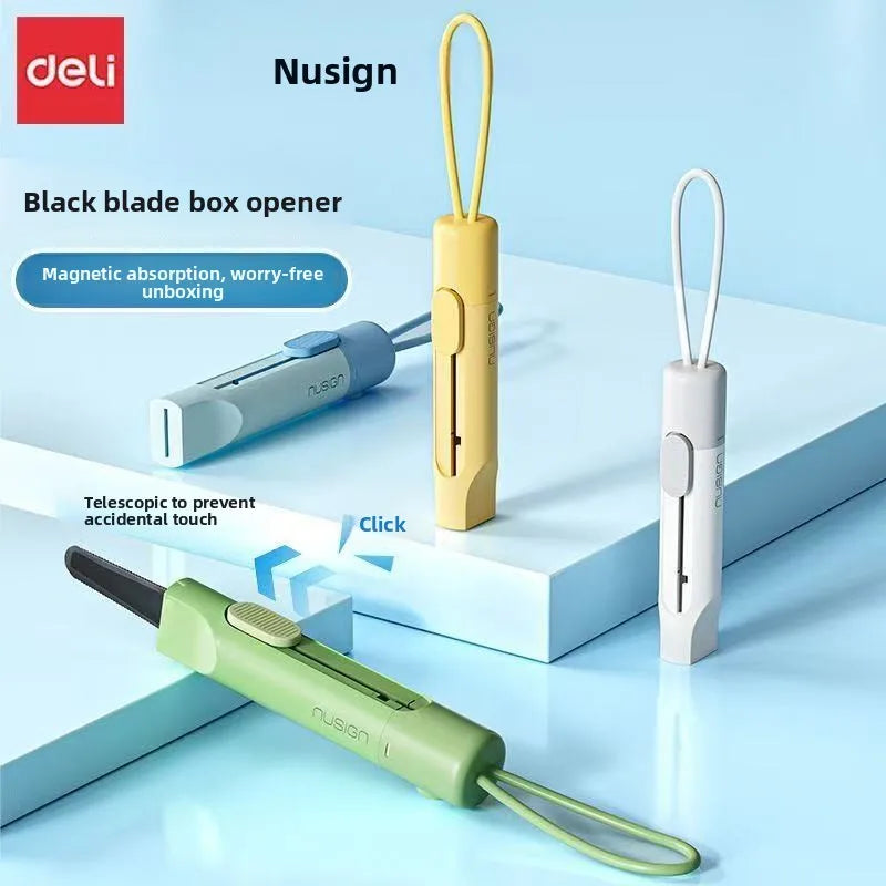 Deli Nusign Mini Portable Magnetic Retractable Utility Knife Thickened Black Blade Keychain Design for carton and Carddboard