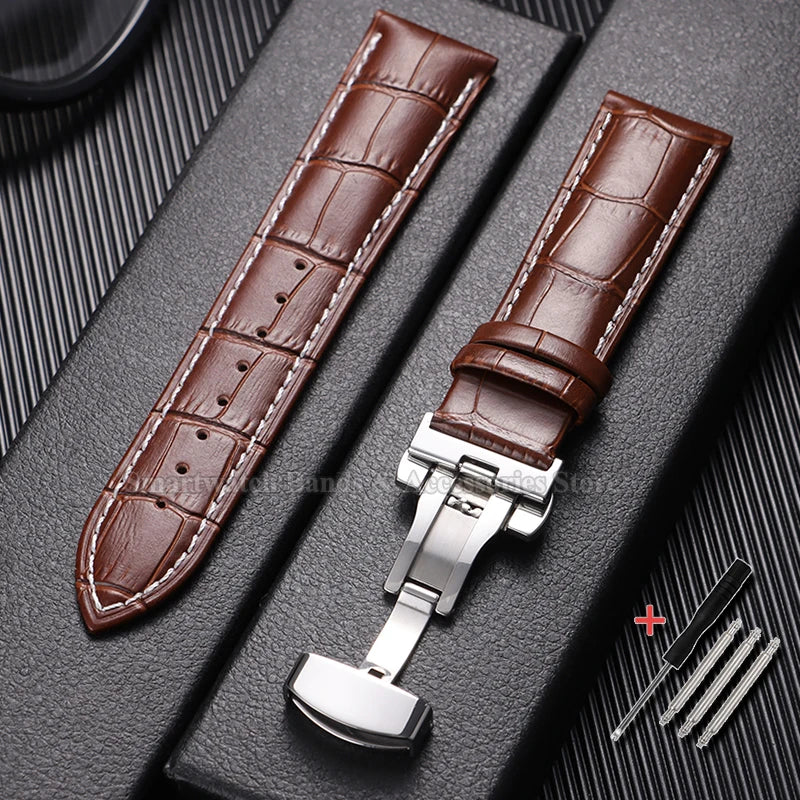 10/12/14/15/16/17/18/19/20/21/22/23/24mm Cowhide Leather Watch Strap Waterproof Sport Wrist Band Metal Butterfly Buckle Bracelet