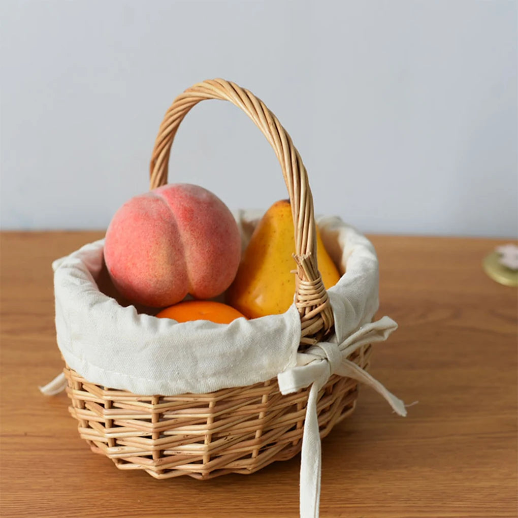 Tote Basket Mini Plus Cloth Lining Rattan Woven Weaving Bamboo Flower Basket with Washable Lining for Hiking Camping Picnic