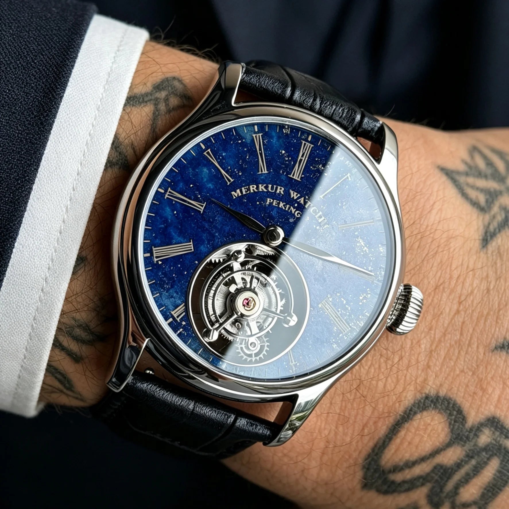 Merkur 100% Tourbillon Watch Men's Natural Stone Dial Malachite Sapphire Watch For Men Mechanical Wristwatches Relogio Masculino