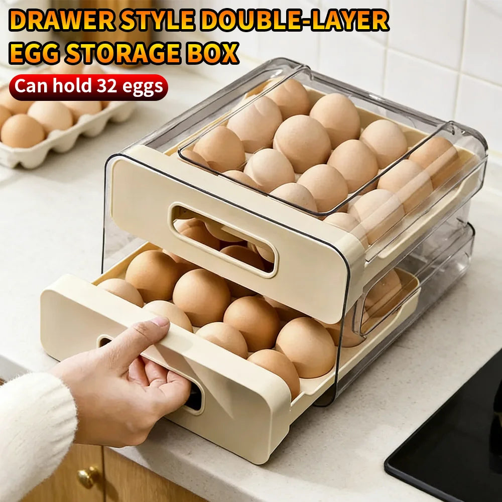 Household Refrigerator Egg Drawer Storage Box, Double Layer Plastic Egg Tray Holder