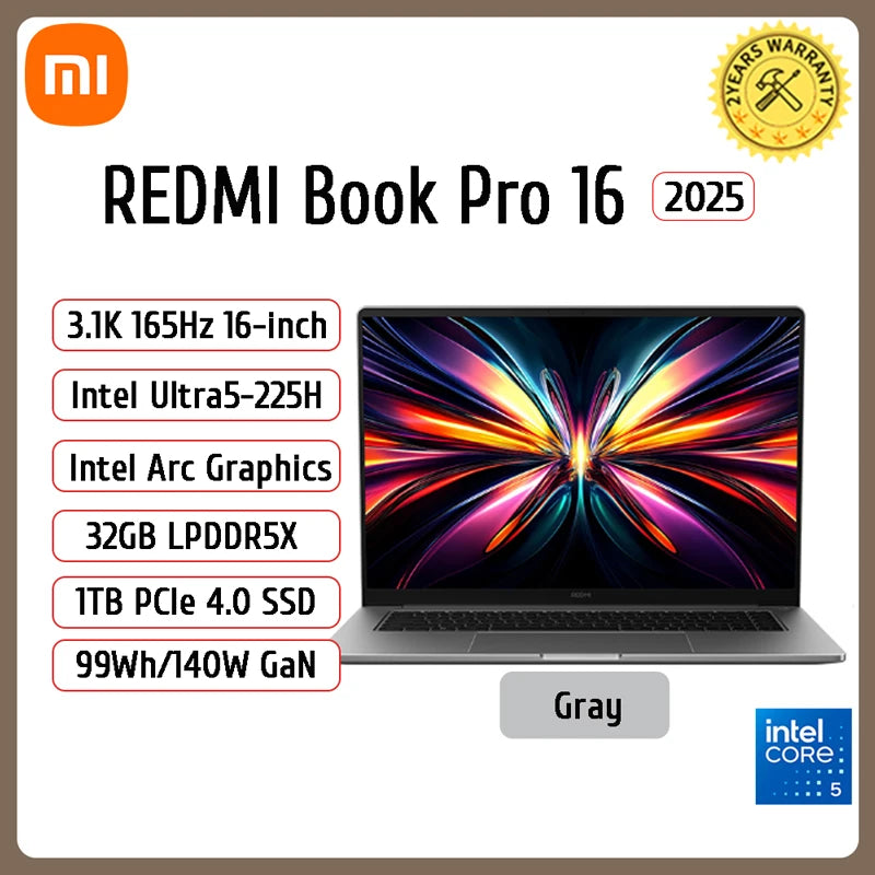 2025 New Xiaomi REDMI Book Pro 16 Laptop Ultra5-225H Ultra7-255H/32GB/1TB 2.5K/3.1K/120Hz Notebook