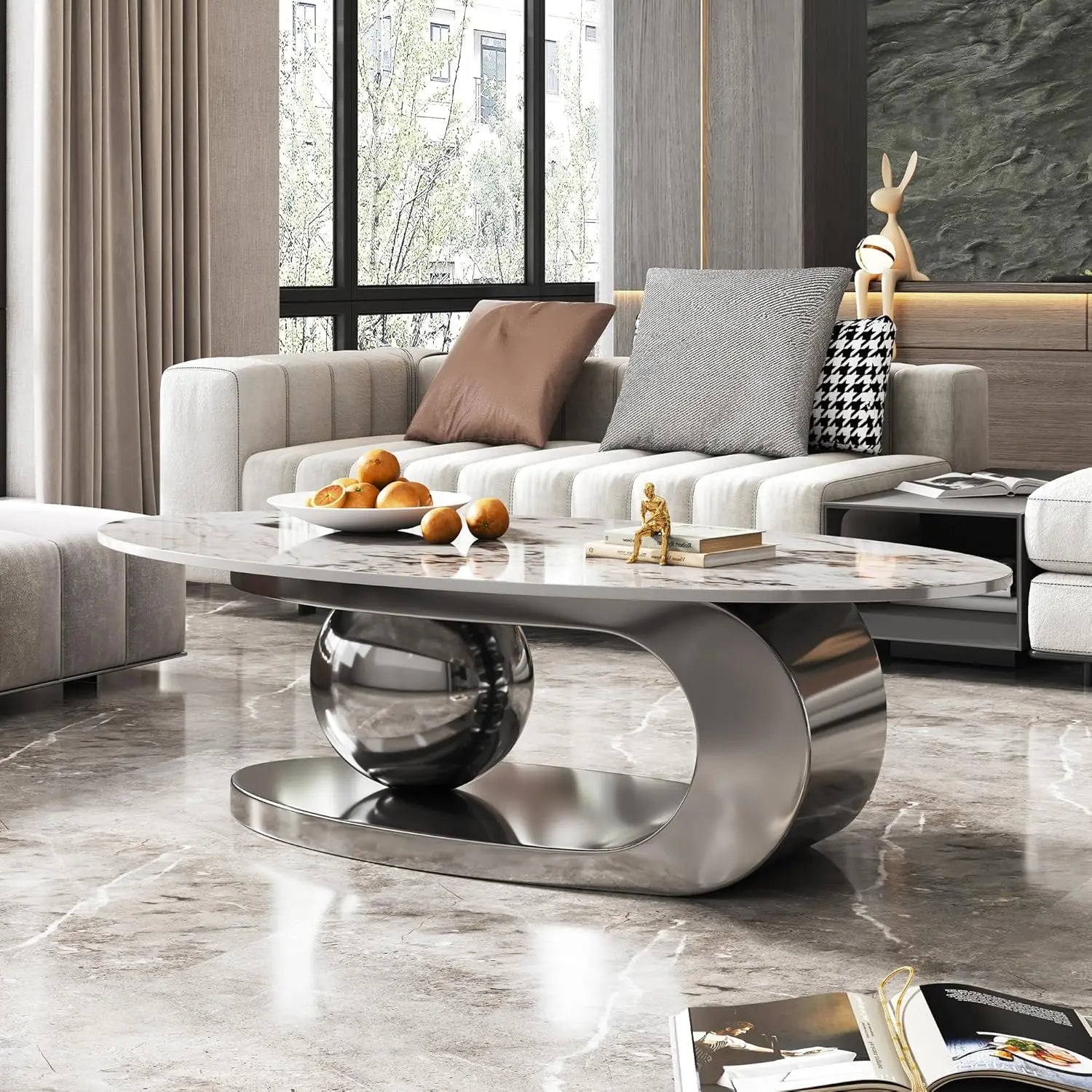 Modern Coffee Table with Silver Stainless Steel Pedestal,Oval Living Room Table with Faux Marble Top & Luxury, Customized