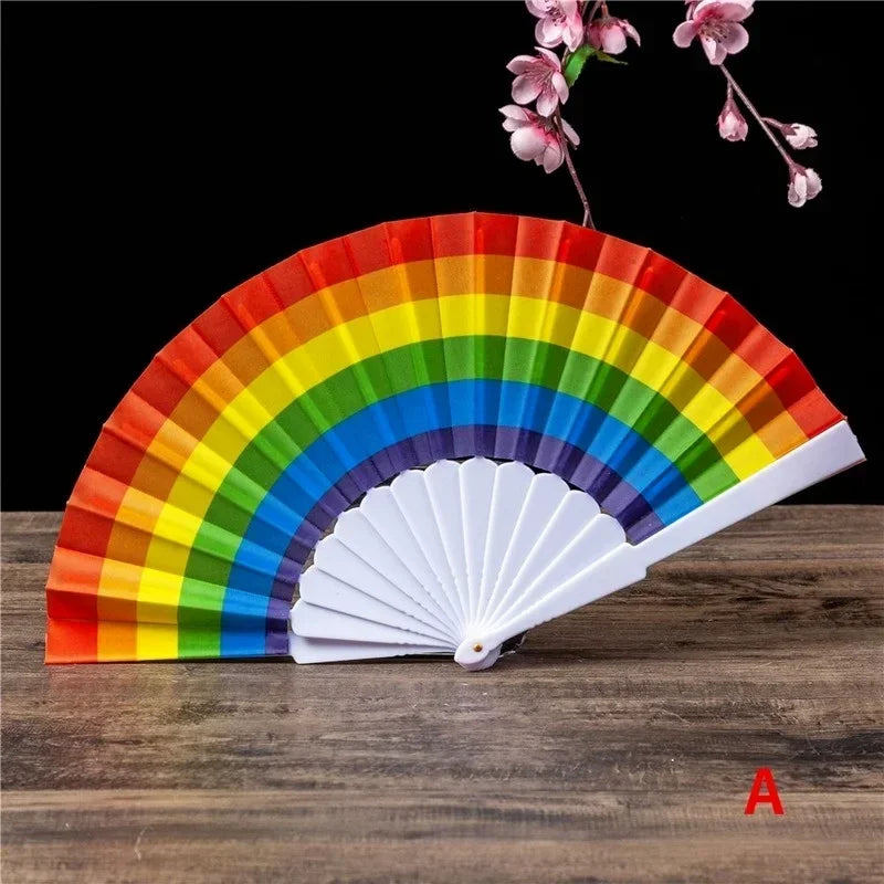 Plastic Hand Crank Fan Foldable Oriental Style Rainbow Silk Fabric Pocket Hand Fans Party Fovor Personality Dance Fan Gifts