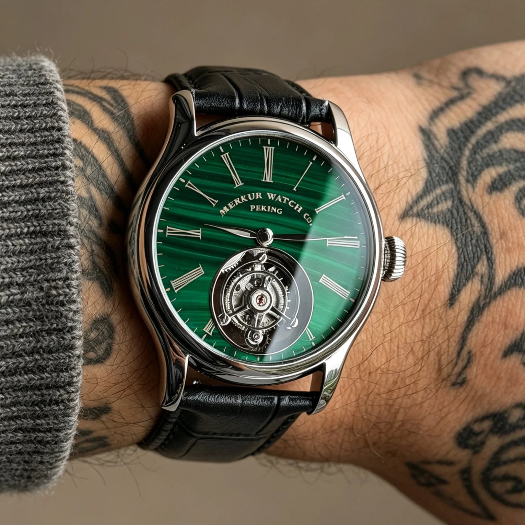 Merkur 100% Tourbillon Watch Men's Natural Stone Dial Malachite Sapphire Watch For Men Mechanical Wristwatches Relogio Masculino