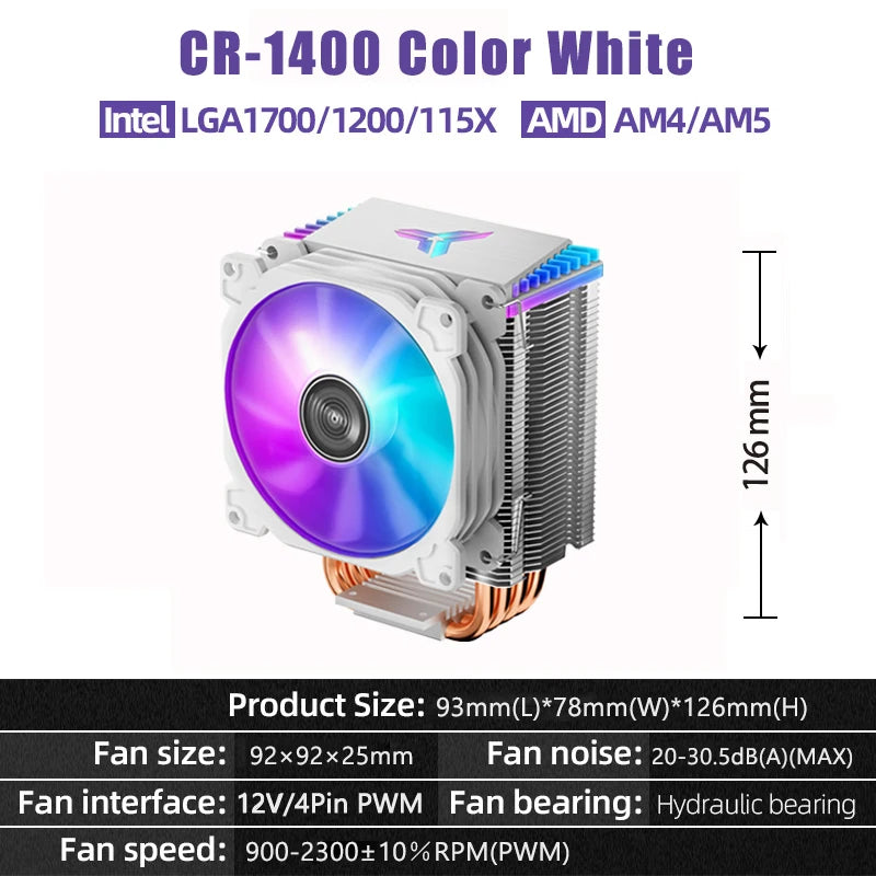 JONSBO CR1400 COLOR CPU Cooler, 92mm PWM Fan CPU Cooler, 4 Heat Pipe High 126mm  Air Cooler Tower Radiator for Intel LGA1700 AM5