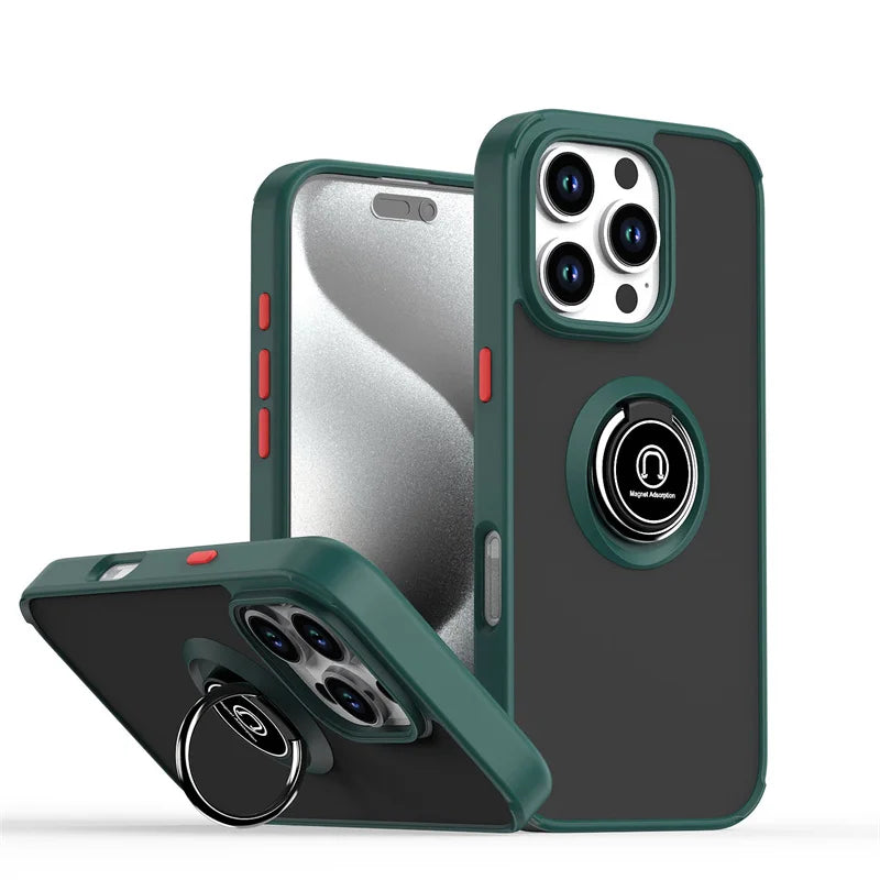 Shockproof Matte Hard PC Armor Case For iPhone 16 15 14 13 12 11 Pro Max Mini XS XR X 16e Car Magnetic Holder Ring Stand Cover