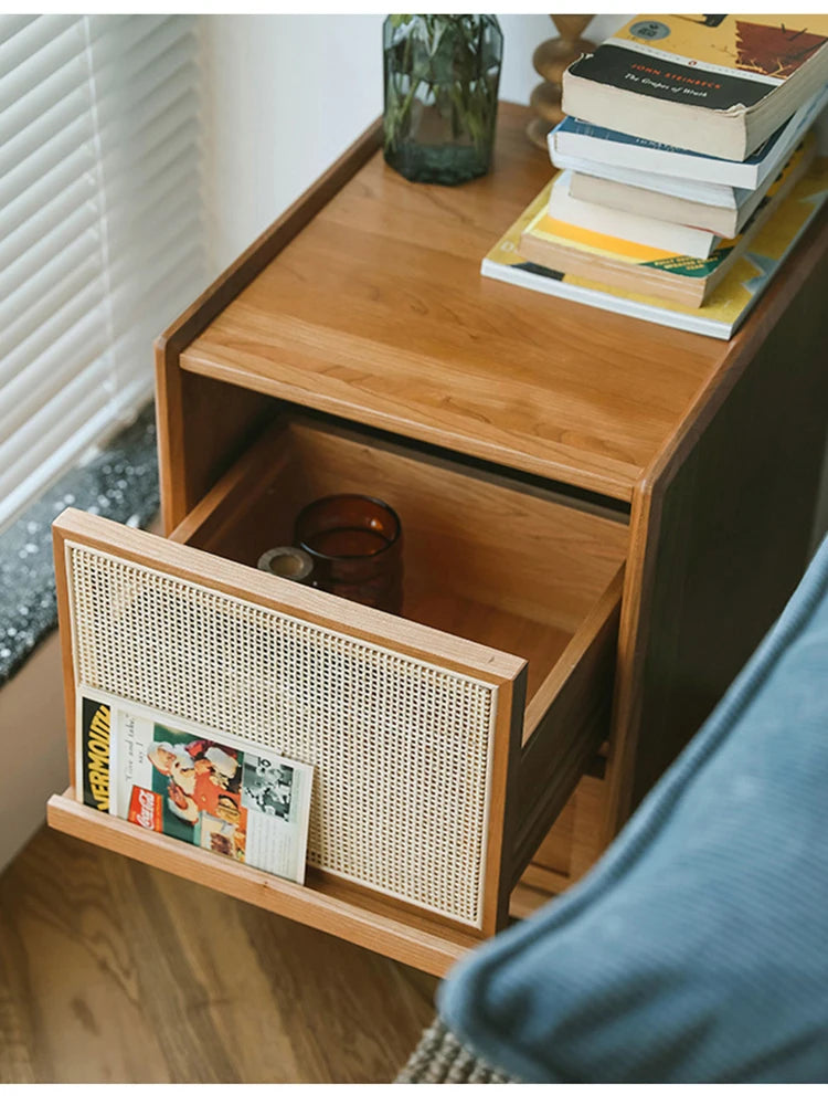 Rattan Weaving Bedroom Furniture, Bedside Table, Multifunctional Small Side Storage Cabinet, Solid Wood Night Stand Customized