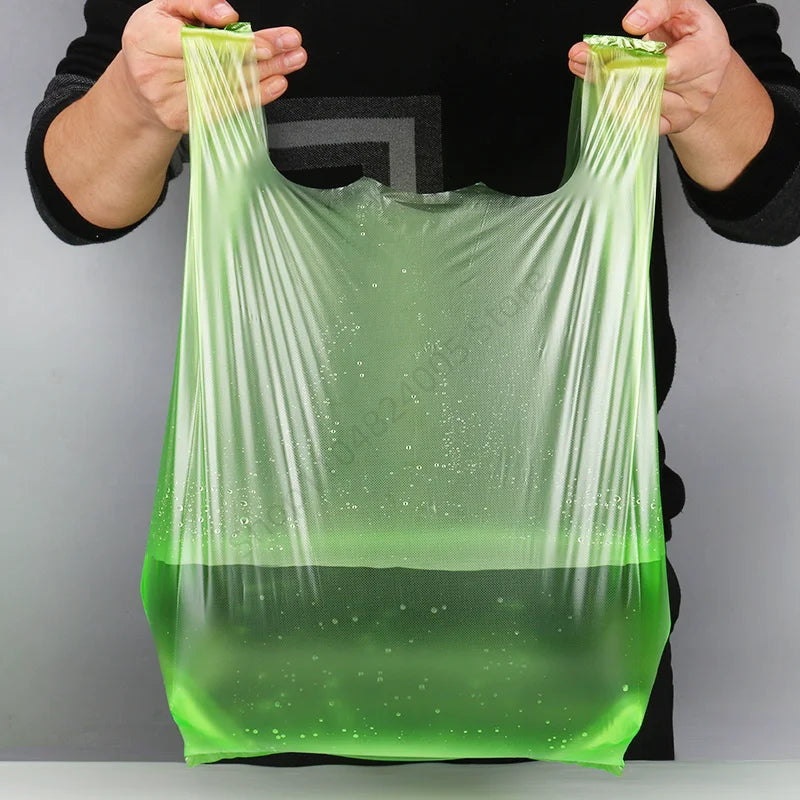 100Pcs Green Plastic Bag Disposable Vest Bag with Handle Kitchen Living Room Clean Food Packaging Supermarket Shopping Bag