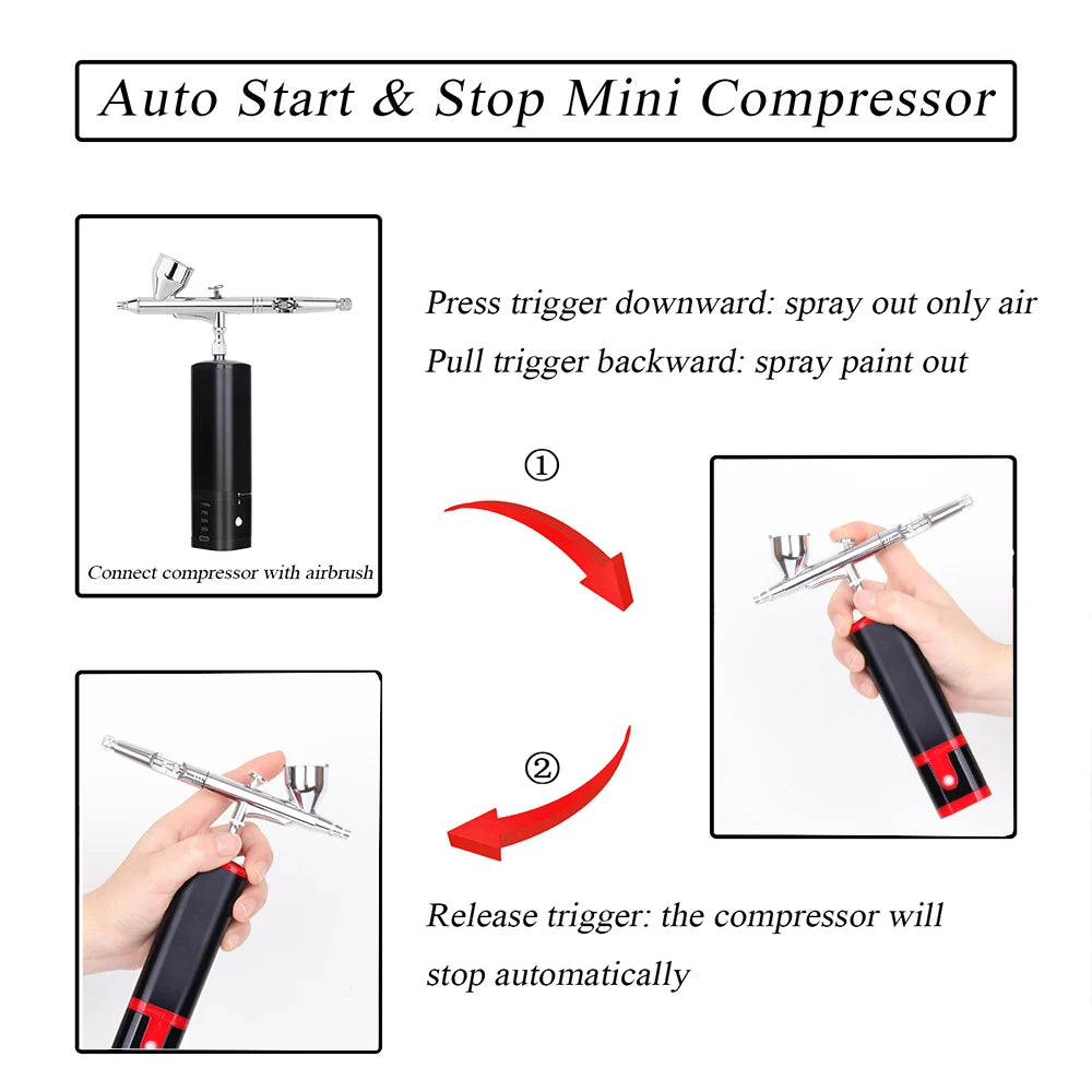 Noiseless Cordless Air Brush Compressor Kit Replace Battery Super Works Airbrush Spray Gun Barber Art Design Beauty Care Tool