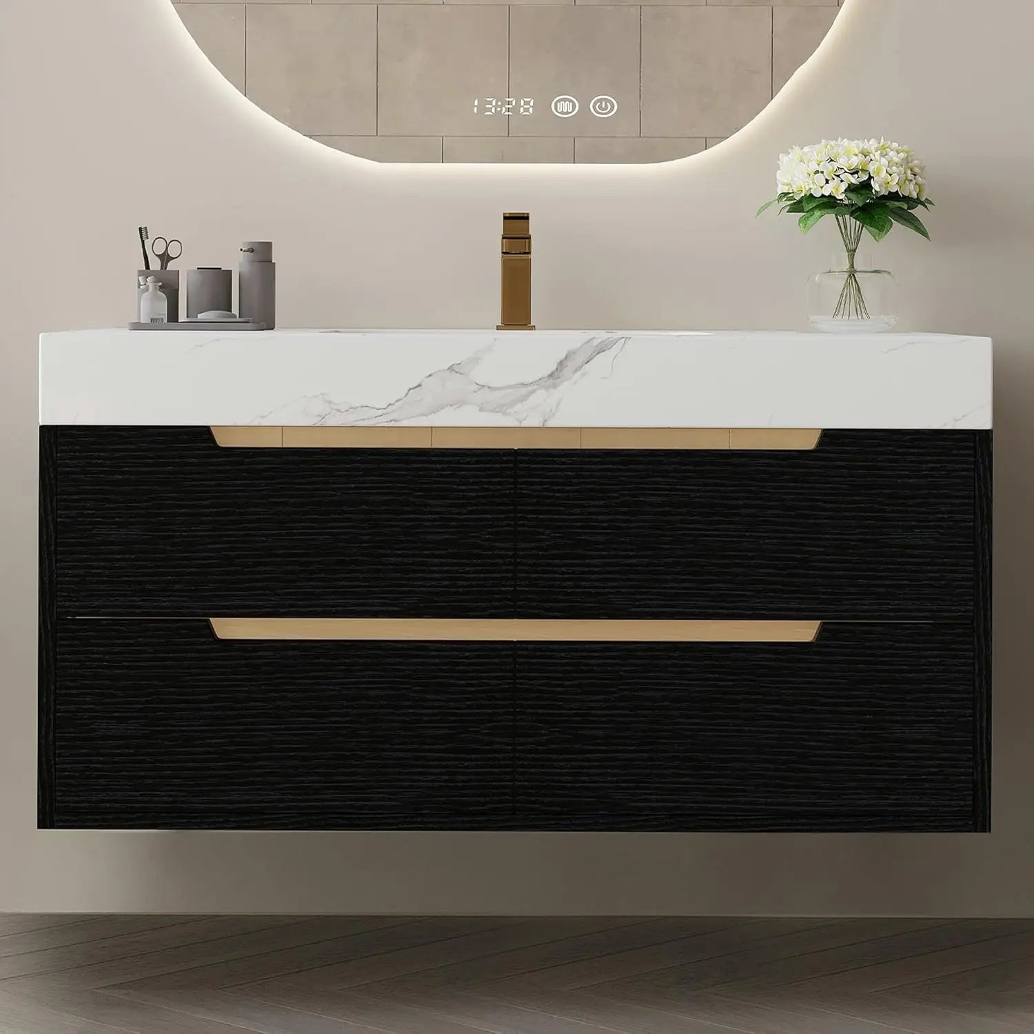 36" Modern Bathroom Vanity with Ceramic Sink – Sintered Stone Top, 4 Soft-Close Drawers, Sturdy Solid Wood Cabinet,, Customized