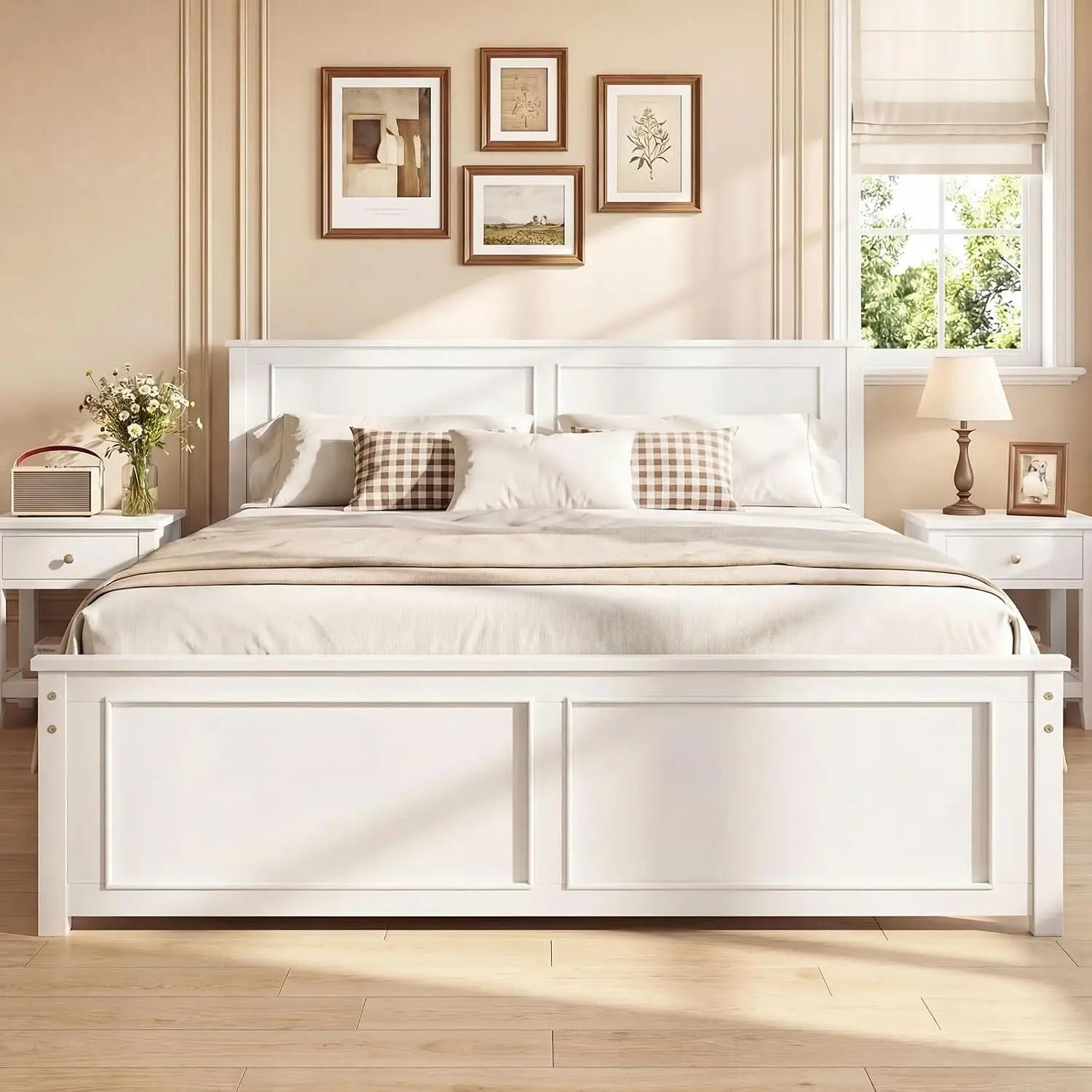 Wood Full Size Bed Frame with Headboard, Farmhouse Solid Platform Bed w/Wooden Slat Support Mattress Foundation,, Customized