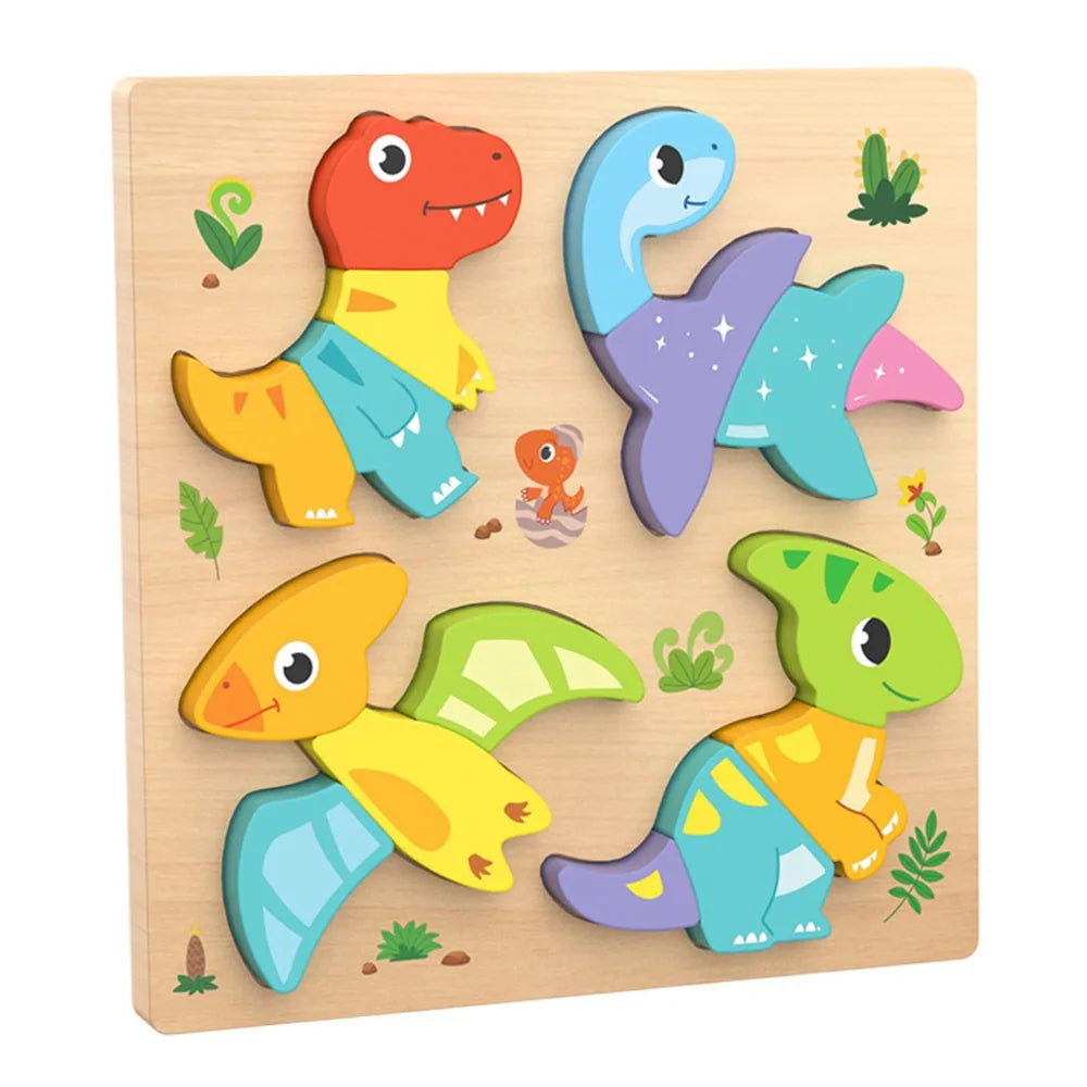 Multicolor Wooden 3D Puzzle Fruits Dinosaur Hand-eye Coordination Early Education Puzzle Cartoon Animal English Learning Puzzle