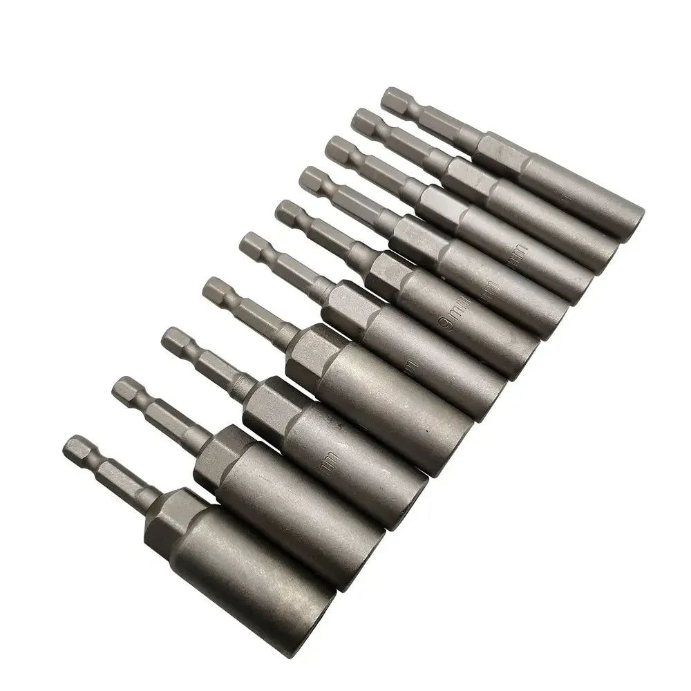 80mm Length Deepen Power Nut Driver Drill Bit Set 5.5-19MM Impact Socket Adapter For Power Tools 6.35MM Hex