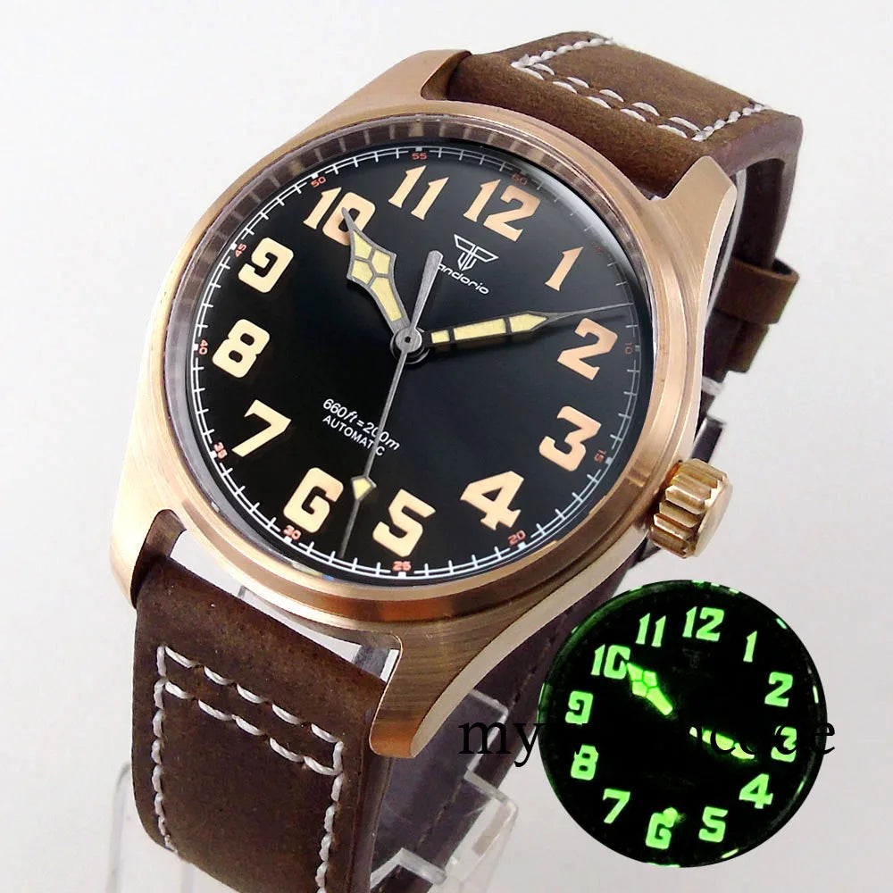 Tandorio Cusn8 Genuine Bronze Pilot Watch Men 200M Diver Japan NH35A Automatic Wristwatch Sapphire Field-Watch Military Clock
