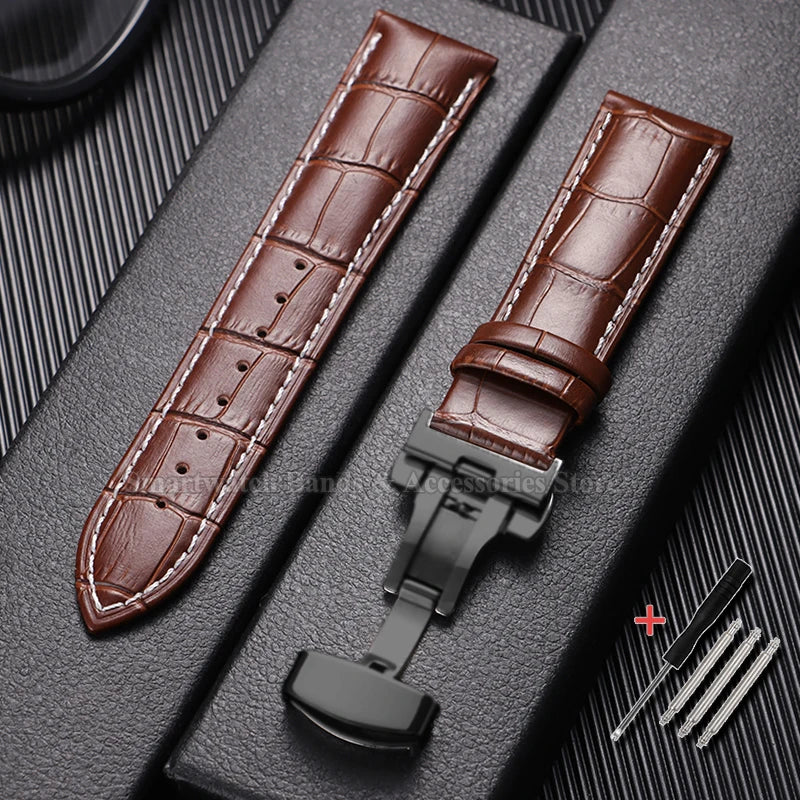 10/12/14/15/16/17/18/19/20/21/22/23/24mm Cowhide Leather Watch Strap Waterproof Sport Wrist Band Metal Butterfly Buckle Bracelet