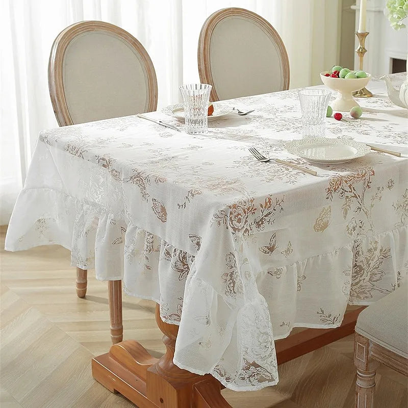 French Cutout Lace Tablecloth, Retro Romantic White Cut Flower Design Ruffle Tablecloth, Wedding Decoration, Cabinets Cover