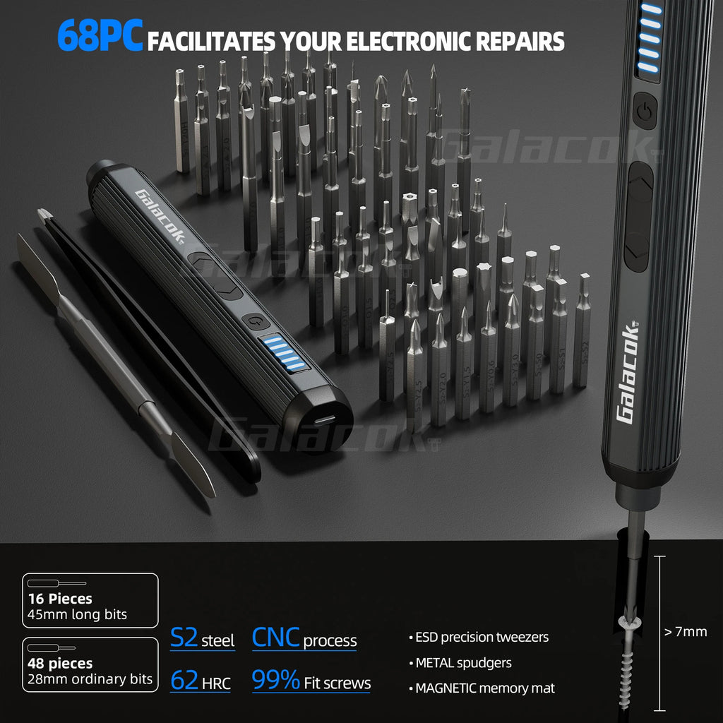 68/76 in 1 Electric Screwdriver Set with 64 Precision Magnetic Bits, 4 LED Lights 5 Torque Settings for iPhone Glasses Watches