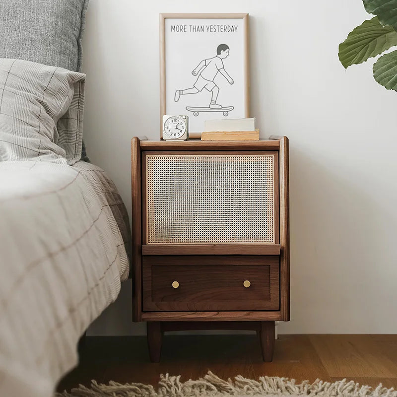 Rattan Weaving Bedroom Furniture, Bedside Table, Multifunctional Small Side Storage Cabinet, Solid Wood Night Stand Customized