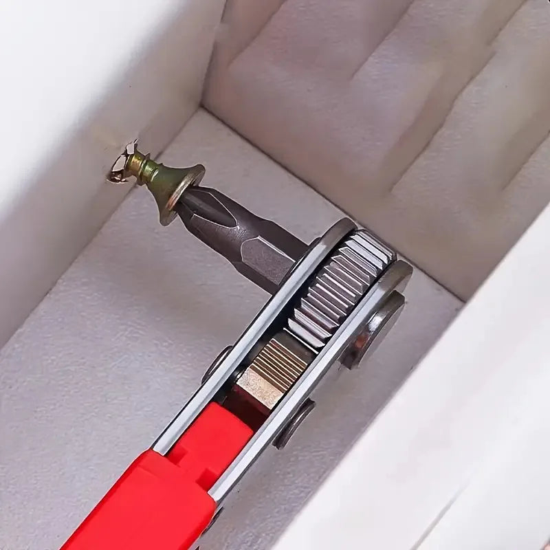 A Red Multifunctional Bidirectional Ratchet Screwdriver Right Angle Magnetic Wrench Cross Shaped Short Screw red Tool