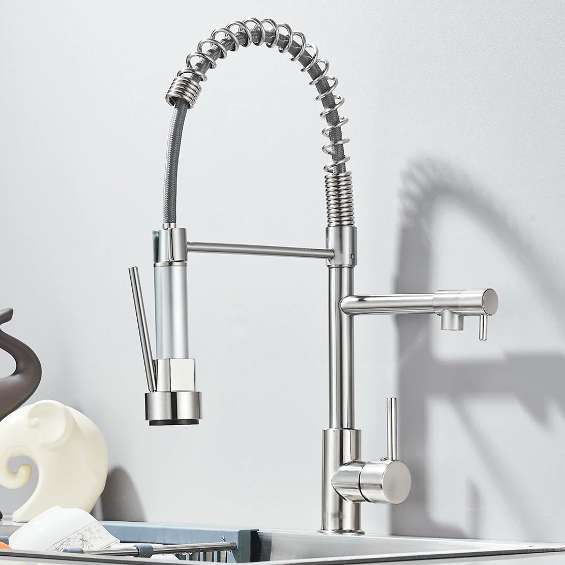 Kitchen Sink Faucet Pull Down Swivel Daul Spout Faucet Brass Deck Mounted Spring Single Handle Cold Hot Water Mixer Tap