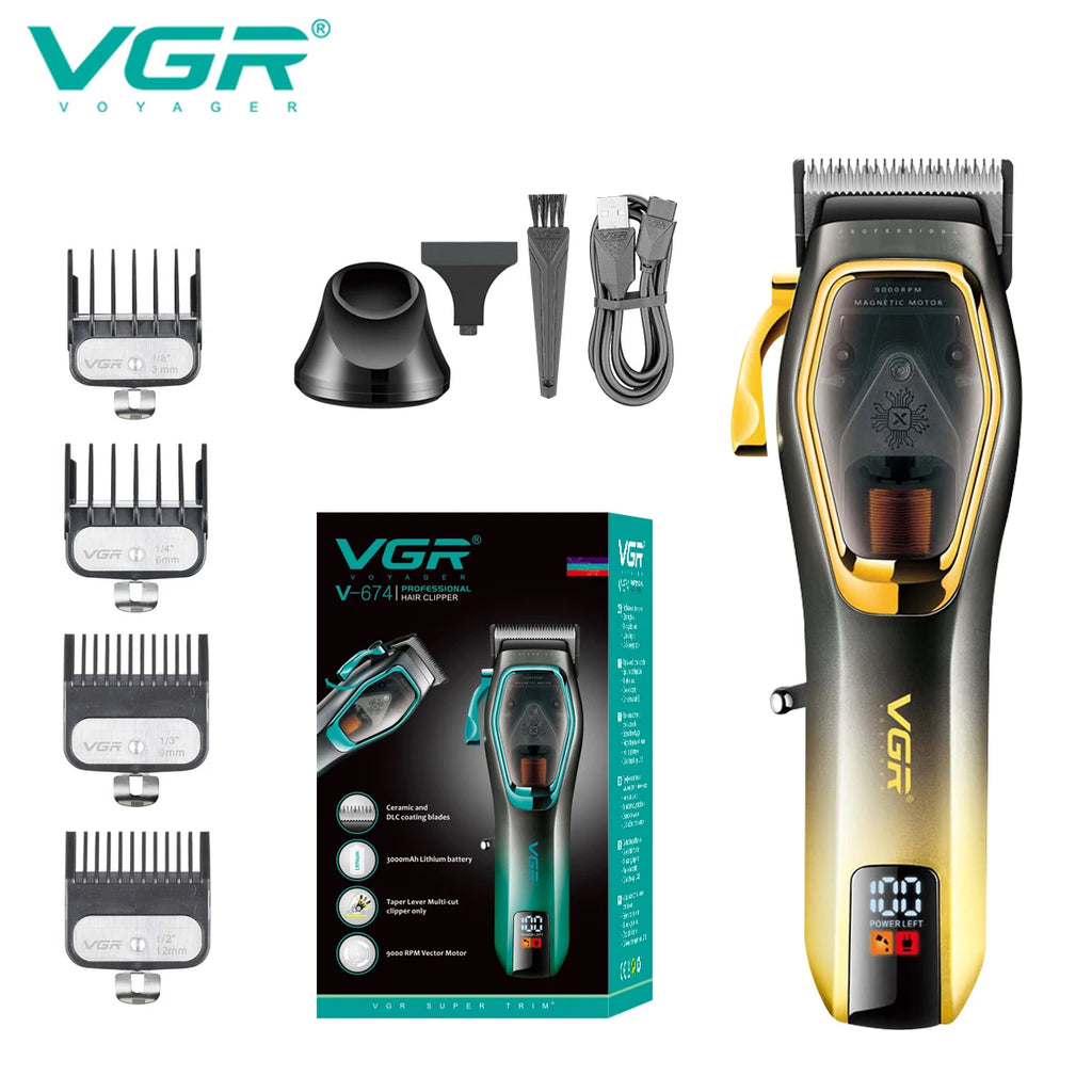 VGR Hair Clipper Professional Hair Trimmer 9000 RPM Hair Cutting Machine Adjustable Barber Haircut LED Trimmer for Men V-674