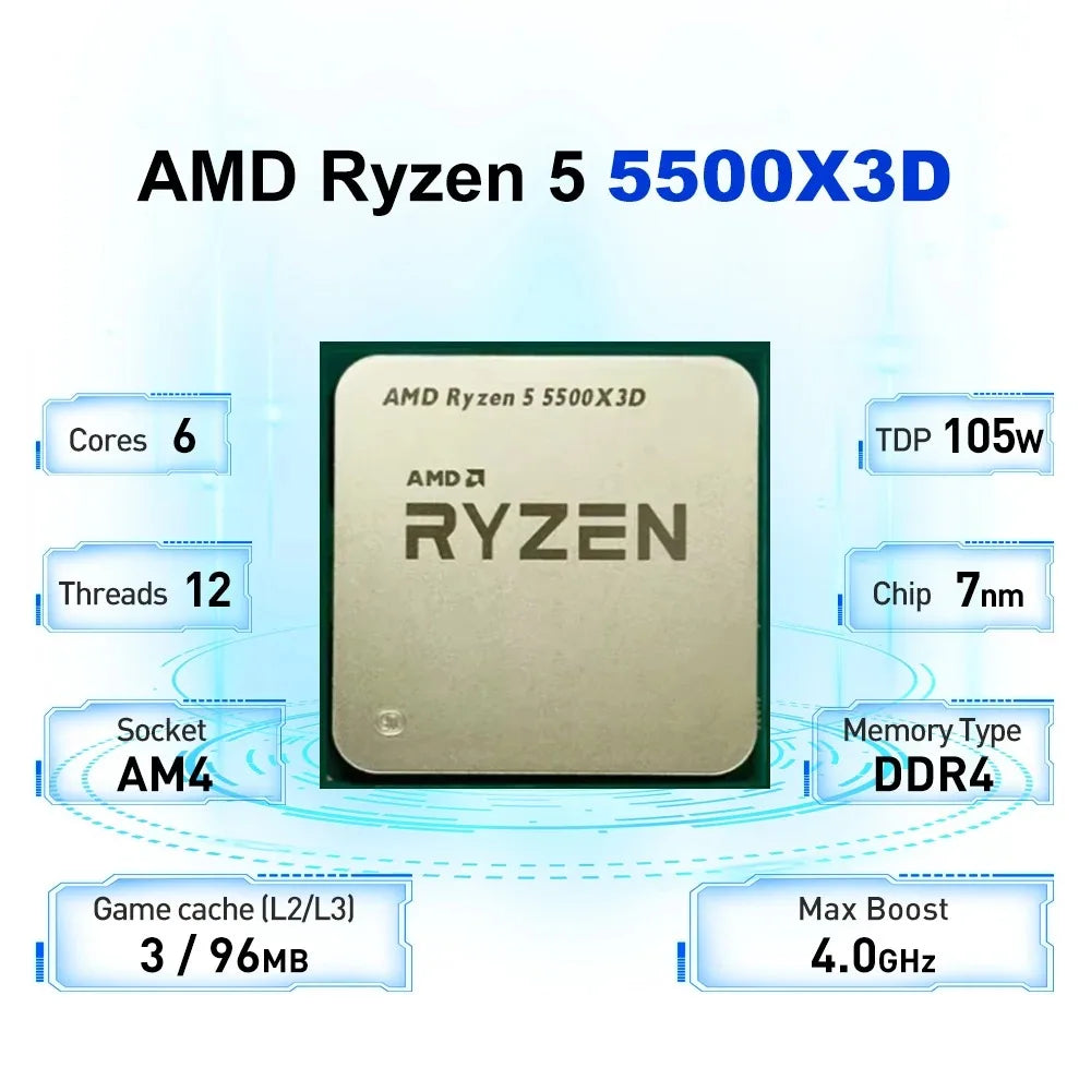AMD Ryzen 5 5500X3D 6C/12T Processor: 96MB L3 3D V-Cache Tech, 3.0-4.0GHz, 105W TDP, AM4 Socket  - No fan  Esports Build