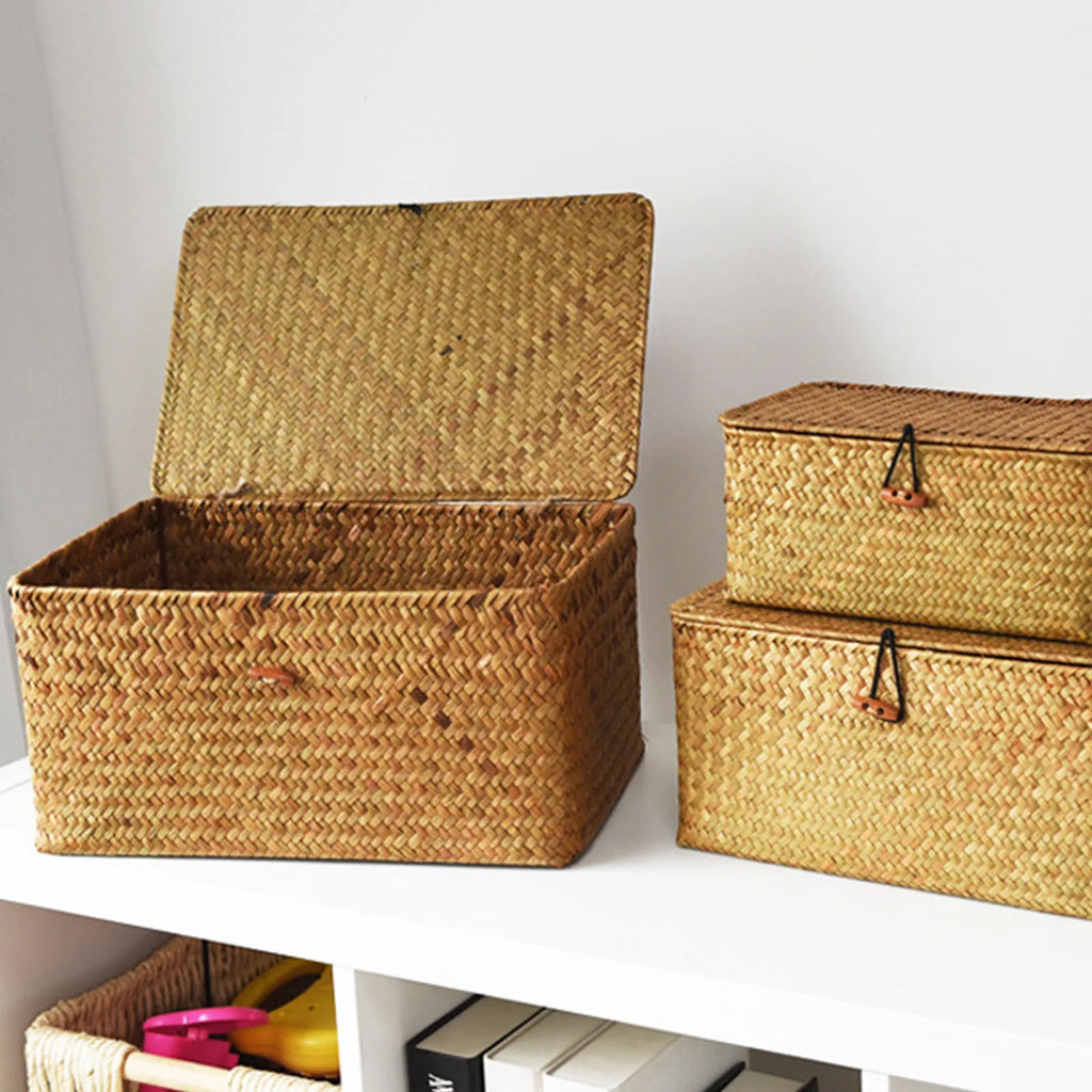 Wicker Storage Basket Woven Rattan Storage Laundry Basket With Lid Wooden Large Storage Box Home And Decoration Acceesories
