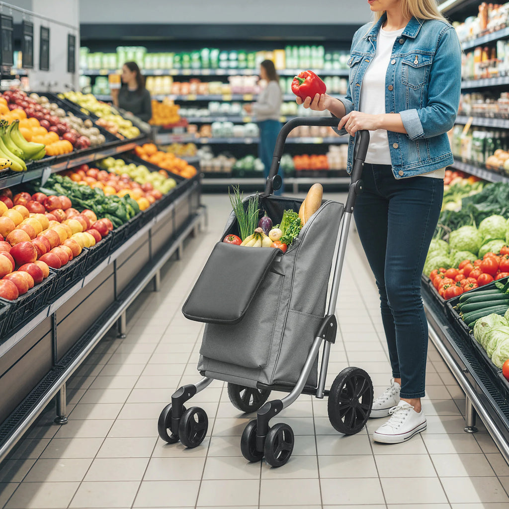 Homcom 46 L Folding Shopping Cart 3 in 1 Cart with 6 Wheels Thermal Bag and Adjustable Handle 44X58X100 cm Gray