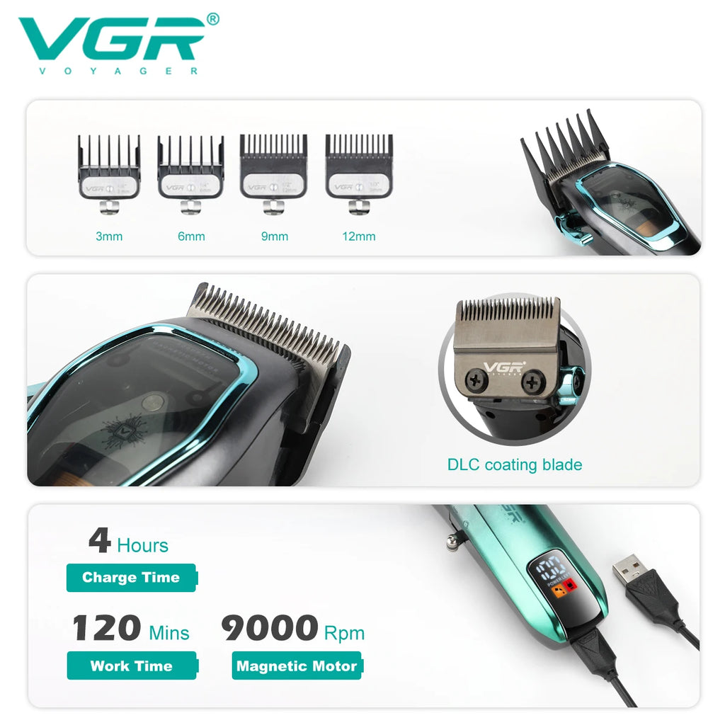 VGR Hair Clipper Professional Hair Trimmer 9000 RPM Hair Cutting Machine Adjustable Barber Haircut LED Trimmer for Men V-674