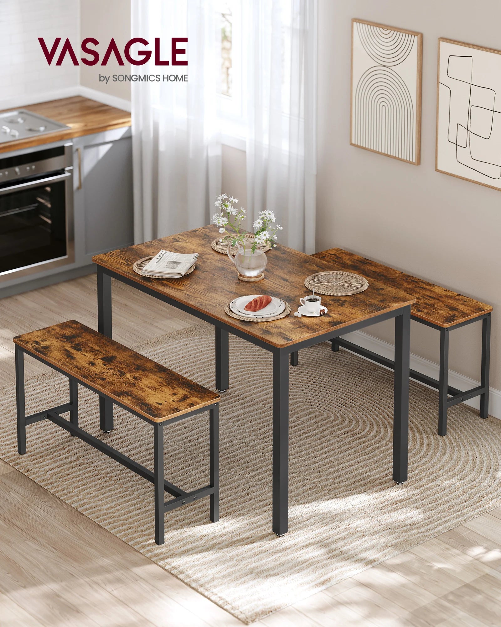 VASAGLE Dining Table with 2 Benches, 3 Piece Set, Kitchen Table of 70 x 110 x 75 cm, 2 Benches of 30 x 97 x 50 cm Each