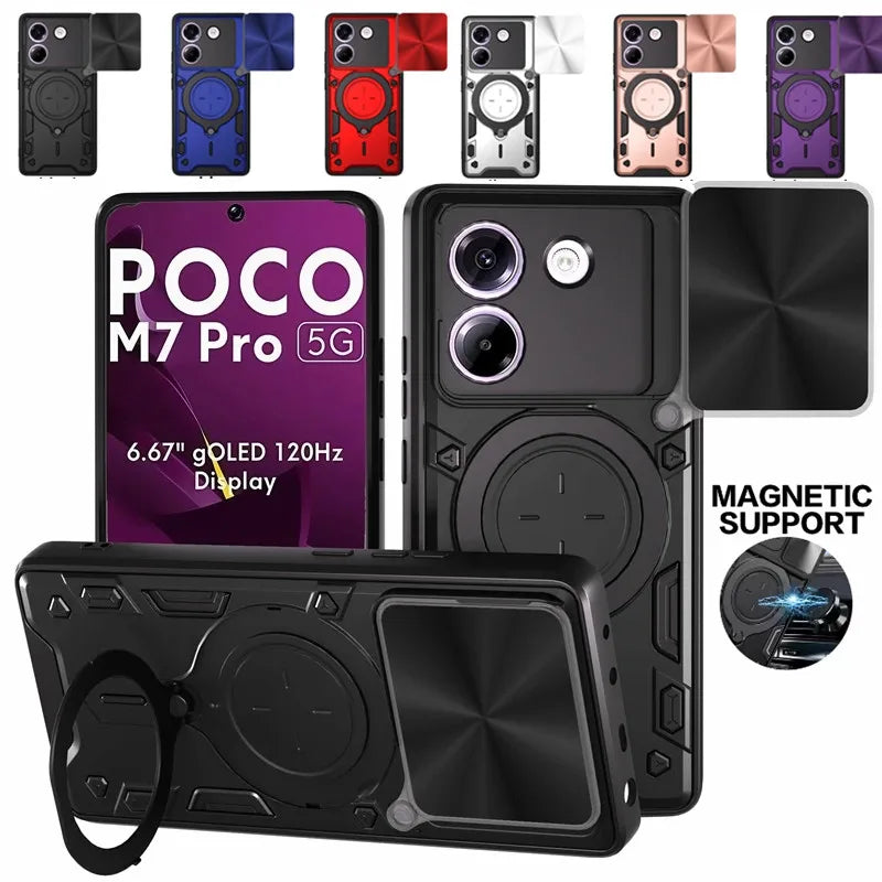 For Xiaomi POCO M7 Pro 5G Case Armor Car Magnetic Holder Ring Phone Case For Mi Poco M7 Pro M7Pro Slide Lens Protector Cover