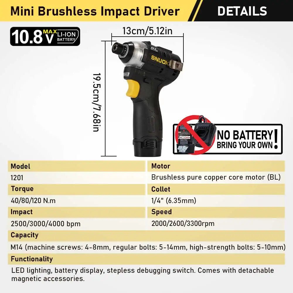 SUNOK10.8V Brushless Electric Screwdriver 1/4 Inch 120N. M Multifunctional Handheld Impact Power Tool for Makita Lithium Battery