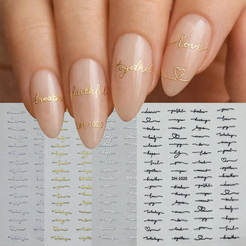 2pcs English Letter Vintage 3D Nail Art Stickers Love Letter Alphabet Vintage Gold Silver Black White Nail Decals DIY Manicures