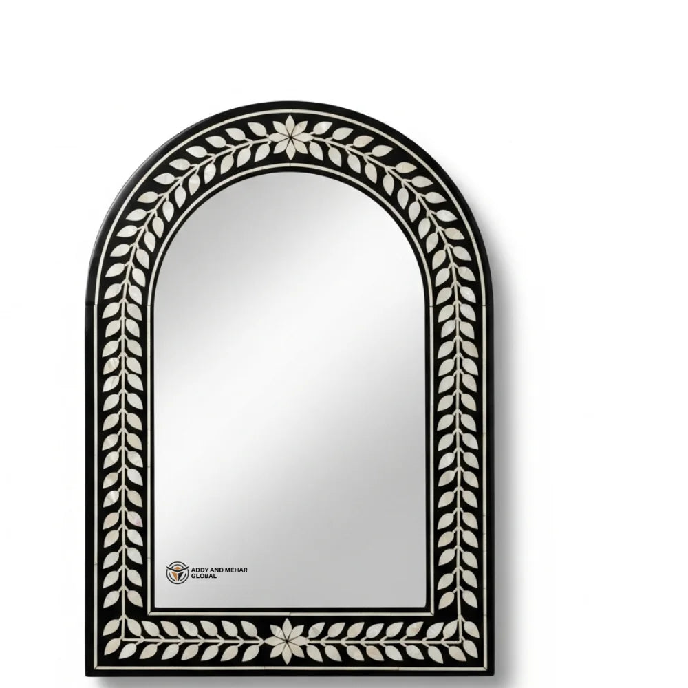 Black & White Leaf Pattern Art Deco MOP Inlay Rectangular MDF Mirror Handmade Eco-Friendly Luxury Wedding Wall Decor