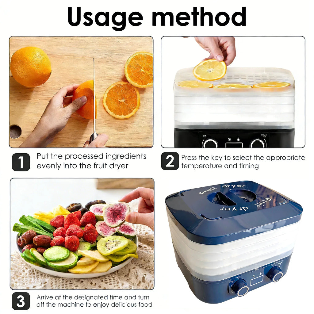 Food Dehydrator Fruit Dryer Drying Device 5 Layers Snack Herb Desiccator Pet Temperature 48Hours Long Lasting Thermos Adjustable
