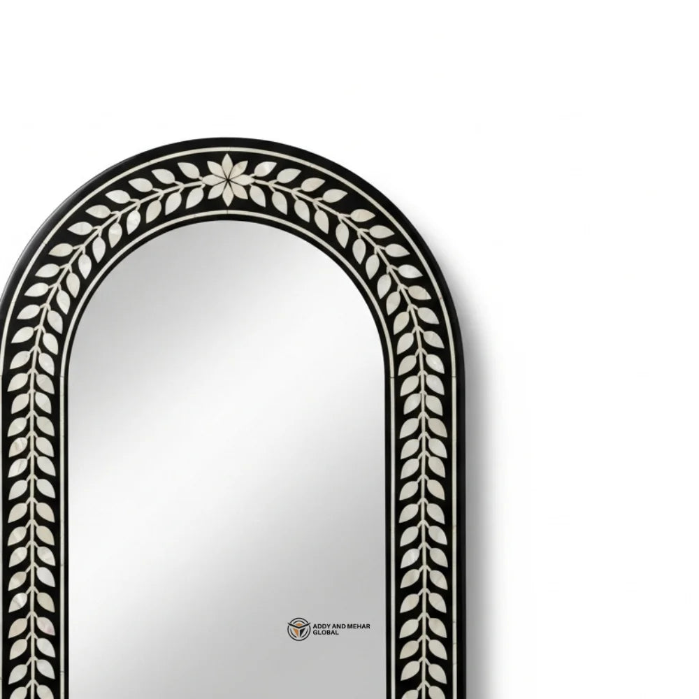 Black & White Leaf Pattern Art Deco MOP Inlay Rectangular MDF Mirror Handmade Eco-Friendly Luxury Wedding Wall Decor
