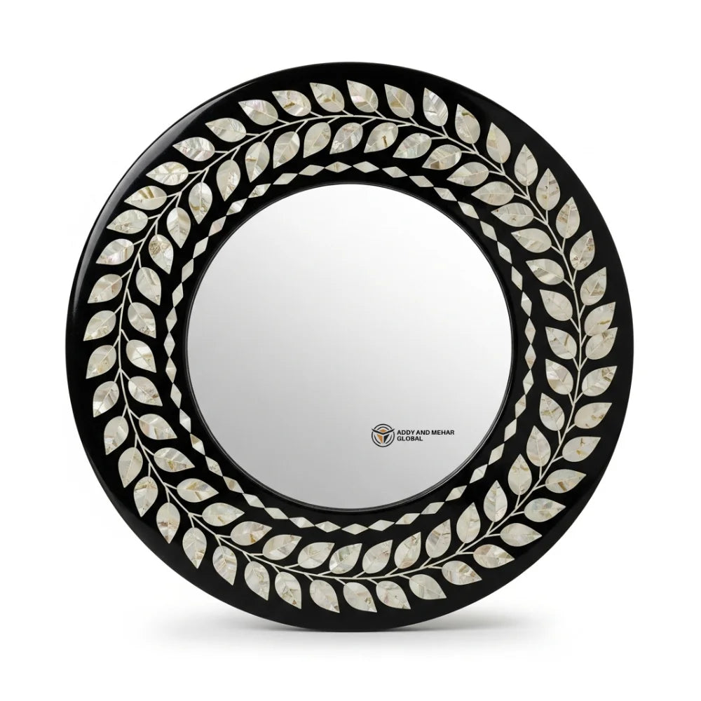 Artisan-Crafted Eco-Friendly Square Art Deco Wall Mirror with Intricate Ivory Vine Inlay on Deep Black Frame for Wedding Decor