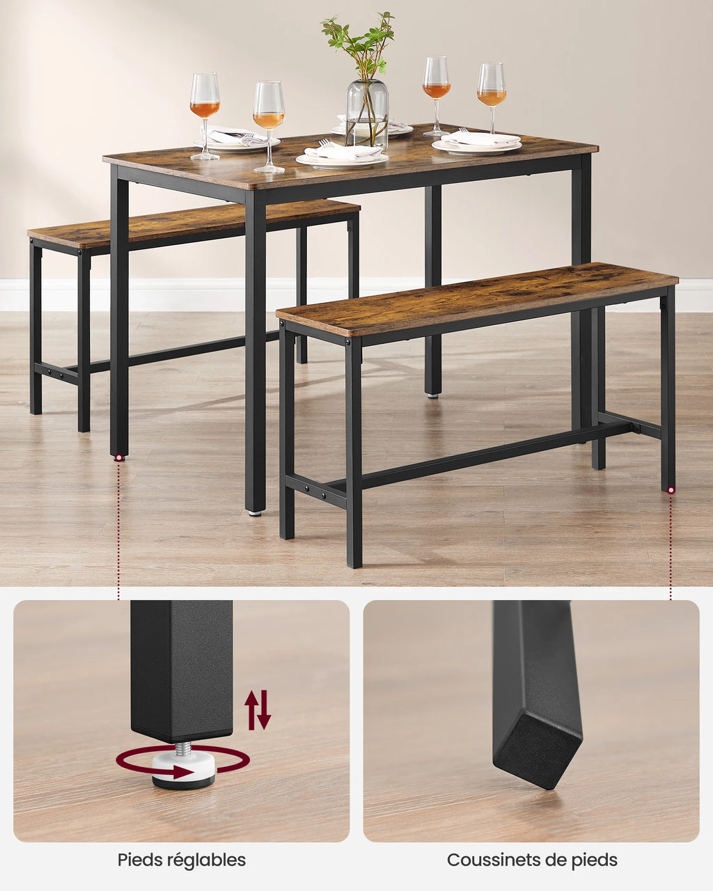 VASAGLE Dining Table with 2 Benches, 3 Piece Set, Kitchen Table of 70 x 110 x 75 cm, 2 Benches of 30 x 97 x 50 cm Each
