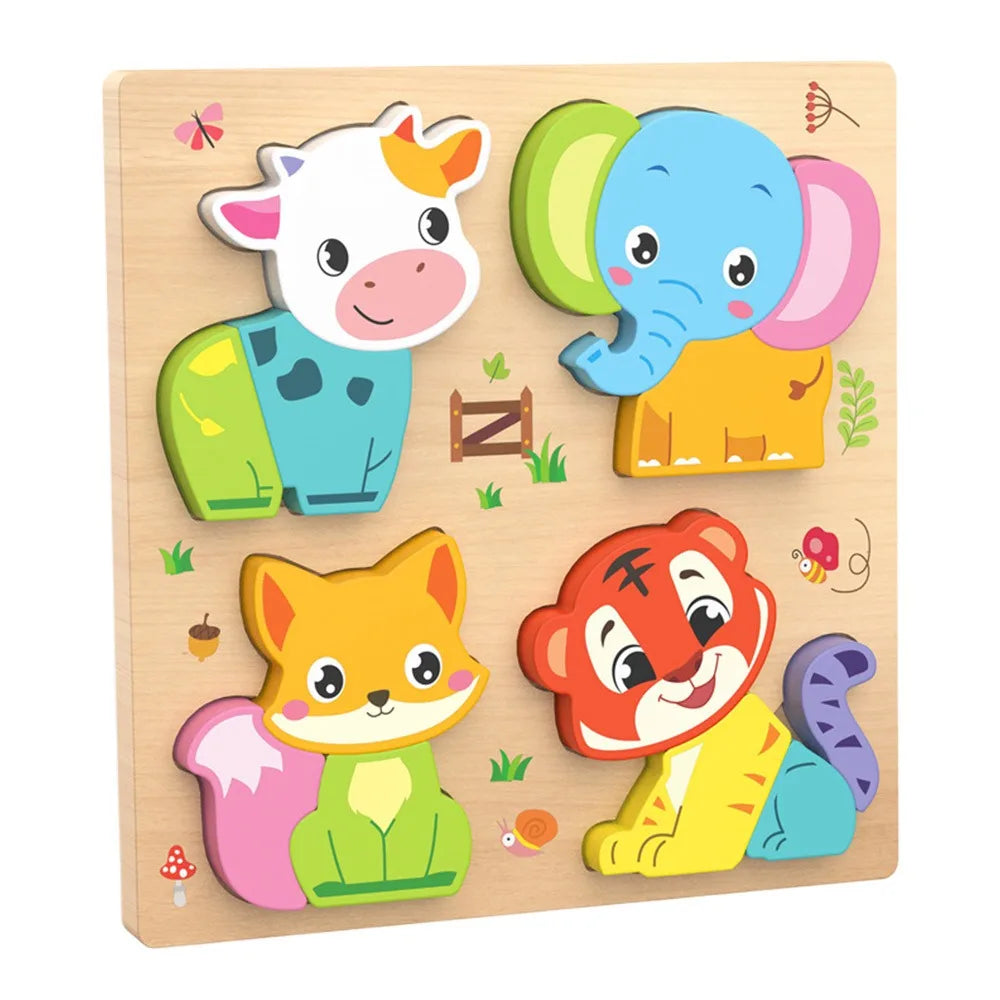 Multicolor Wooden 3D Puzzle Fruits Dinosaur Hand-eye Coordination Early Education Puzzle Cartoon Animal English Learning Puzzle