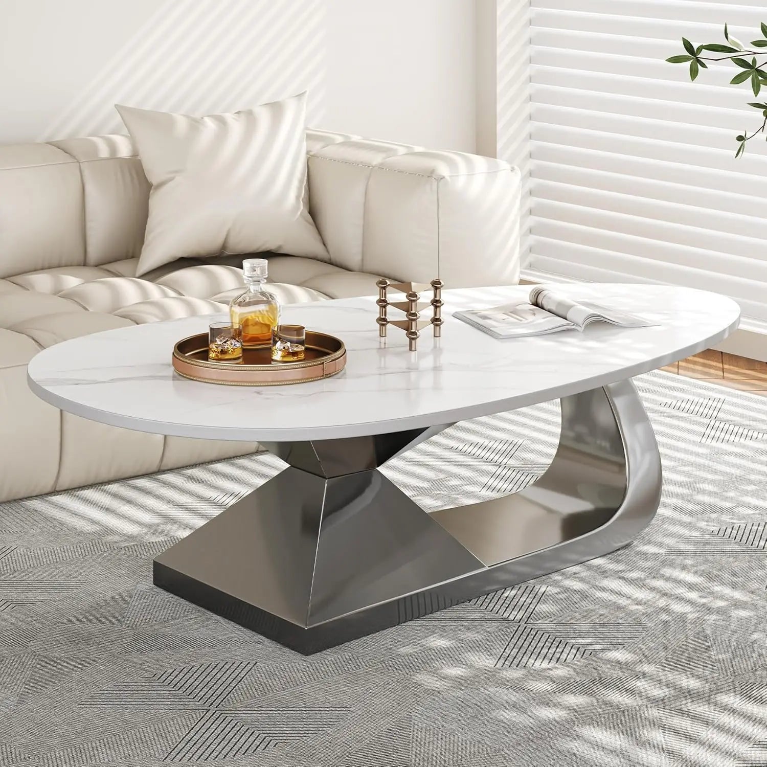Modern Coffee Table with Silver Stainless Steel Pedestal,Oval Living Room Table with Faux Marble Top & Luxury, Customized